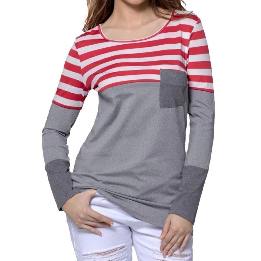 Lucky Red White Stripe Colorblock Long Sleeve Blouse Top